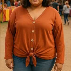 Zenana‎ Premium Button-Down Tie Front Long Sleeve Top